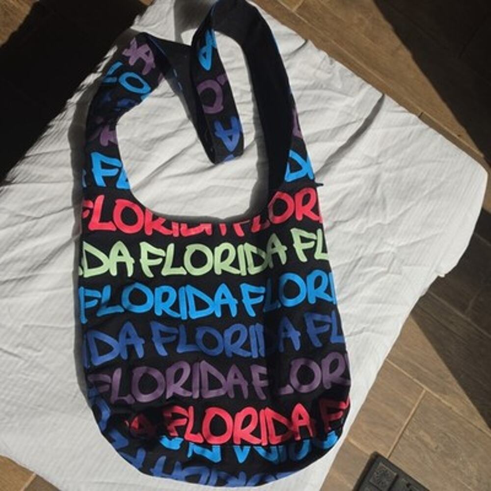 Robin Ruth Florida Canvas Shoulder Black/Rainbow Sling Hobo Crossbody Large NWOT